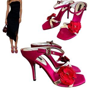VTG. Y2K LOUIS VUITTON HEELS FLOWER DESIGN PINK SILVER STRAPPY SANDALS EUC 6 1/2